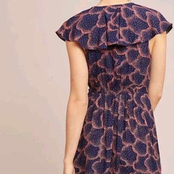 MAEVE Anthropologie Rosalia Mini Dress Women's 8 Navy Faux Wrap Ruffle Romantic - Picture 3 of 10